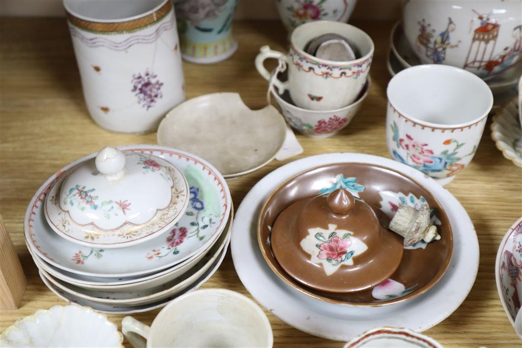 A collection of 18th century Chinese enamelled tea bowls, cups and saucers etc, mostly damaged
